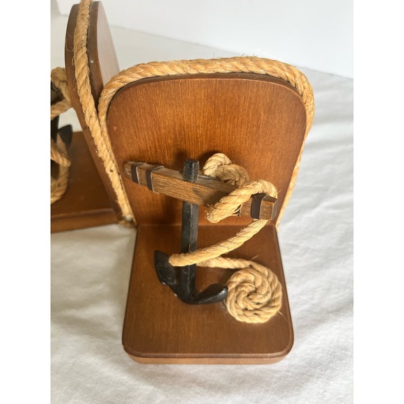 Vintage Anchor Bookends Wooden with Anchor Rope Nautical - Picture 4 of 10